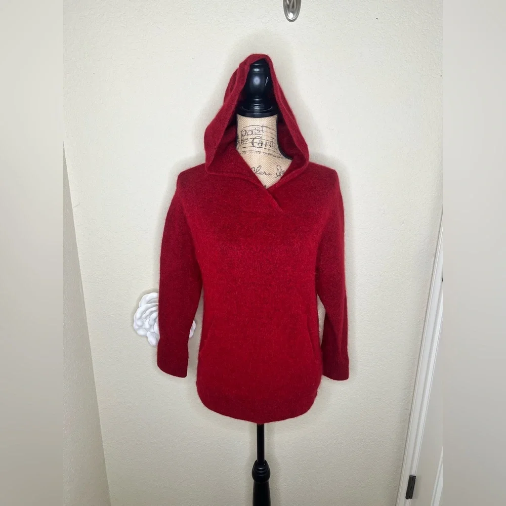 Vince Italy Wool Alpaca Blend Fuzzy Hooded Sweater Cherry Red Oversized XS